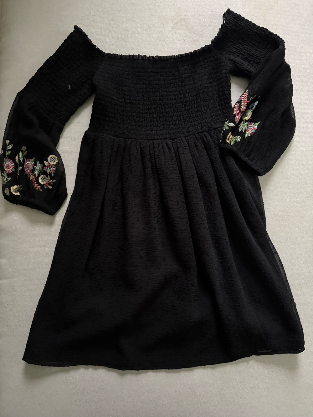 Zara Black Smocked Off the Shoulder Dress with Floral Embroidered Sleeves